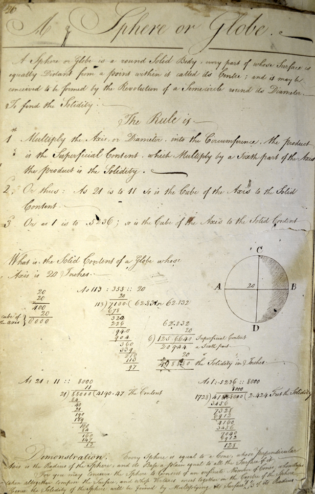 William Engs workbook showing the geometric calculations of a sphere. This item is featured in the new exhibit "The Children's Hour" at the Museum of Newport History.